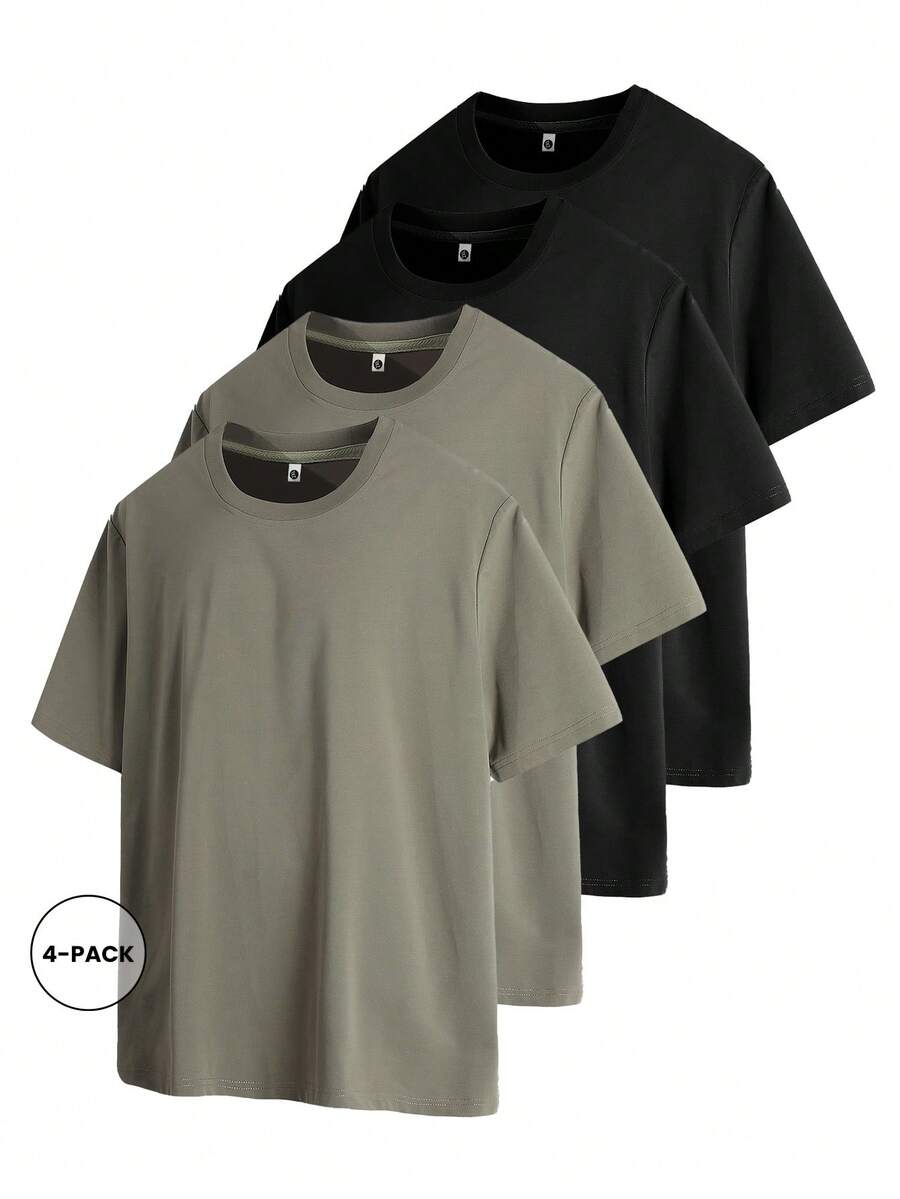 4pcs Spring/Summer/Autumn Plus Size Short Sleeve T-Shirt Solid Color Undershirt - Multicolor - View 1