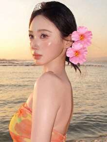 2件組女性粉色扶桑花熱帶花卉髮夾，適合夏季海灘度假旅行日常節日派對髮飾 - 粉色 - 查看 3