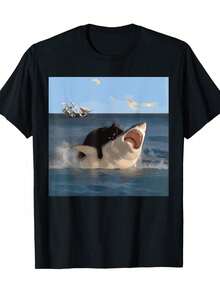 Camiseta divertida con gato mordiendo tiburón, talla pequeña, negra, con memes de gatos graciosos, camiseta irónica, camiseta divertida y original - Negro - Ver 1