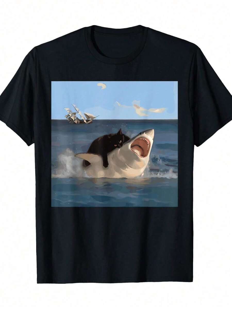 Camiseta divertida con gato mordiendo tiburón, talla pequeña, negra, con memes de gatos graciosos, camiseta irónica, camiseta divertida y original - Negro - Ver 1