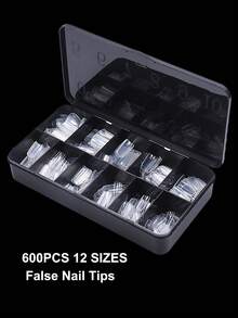 中號方形人造軟膠全包假指甲片 600片 12種尺寸 易貼式壓入式甲片 適用凝膠接長 專業沙龍 DIY 家用美甲配件 釘藝用品 - 無色 - 查看 6
