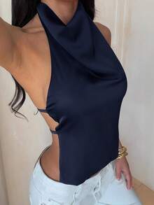 Women's Summer Blue Fashion Sexy Backless Halter High Neck Tank Top, Suitable For Dates, Graduation Season, Gatherings, Parties - Navy Blue - View 4
