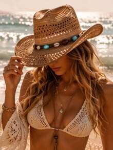 1pc Bohemian Style Solid Color Beaded Hollow Panama Straw Hat, Good UV Protection, Suitable For Daily Wear As Decorative Accessory, Fashionable And Versatile - Multicolor - View 1
