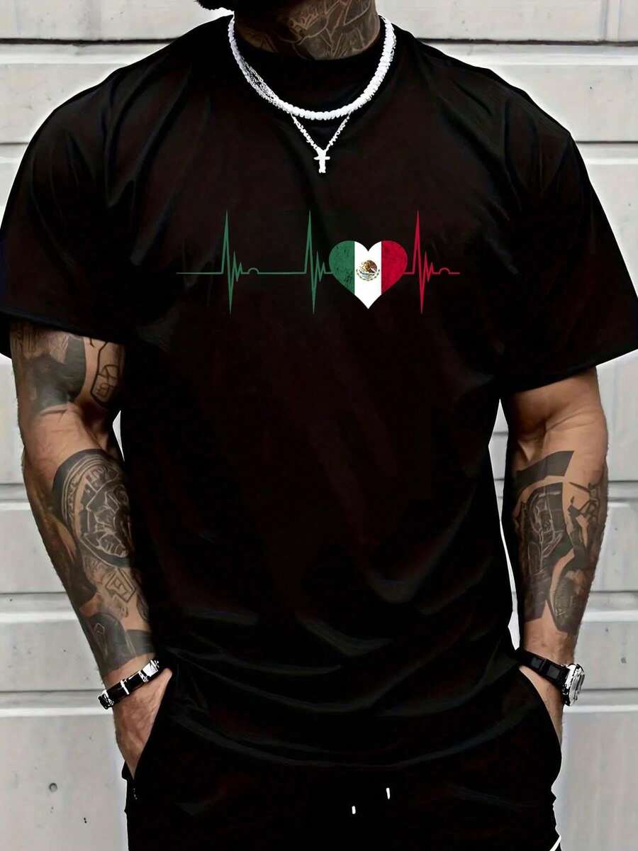 2026 Women's Blouses 100% Cotton, T-Shirt With Mexican Heart Design, Mexican Flag, Heartbeat, EKG, Pulse, Mexican Pride, Graphic T-Shirt For Women And Men - 藍色 - 查看 1