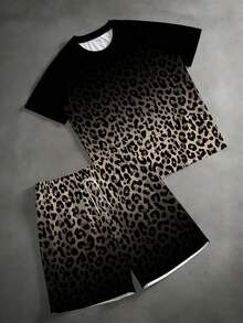 Plus Size Men's 2-Piece Streetwear Set, Vintage Pattern T-Shirt, Men's Street Casual Minimalist Series "Gradient Leopard Print" Pattern Sports Outfit - Polyester Knit Fabric, Crew Neck Design, Drawstring Shorts, Pocket Detail, Regular Fit, Suitable For Plus Size - Black - View 2