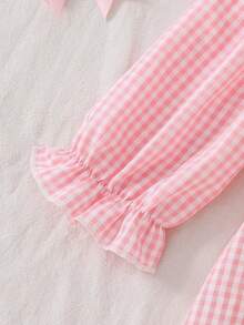 Pink And White Plaid Ruffle Collar Bow Embroidered Long Sleeve Dress For Girls - Pink - View 8