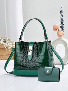 Crocodile Pattern Bucket Handbag, Glossy Patent Leather Top Handle Satchel Bag, Women Crossbody Shoulder Purse With Twist Lock Closure - Apricot - View 10