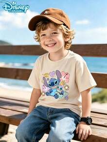 Disney "Lilo & Stitch", The Theme Cartoon Print Casual Short-Sleeved T-Shirt, Suitable For Spring And Summer Wear, Perfect As A Festive Gift - Apricot - View 2