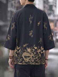 中国风吉祥龙图腾印花外套衬衫，轻盈涤纶面料，休闲宽松夏季版型，浮世绘羽织和服数码印花，易于打理 - 黑色 - 查看 4