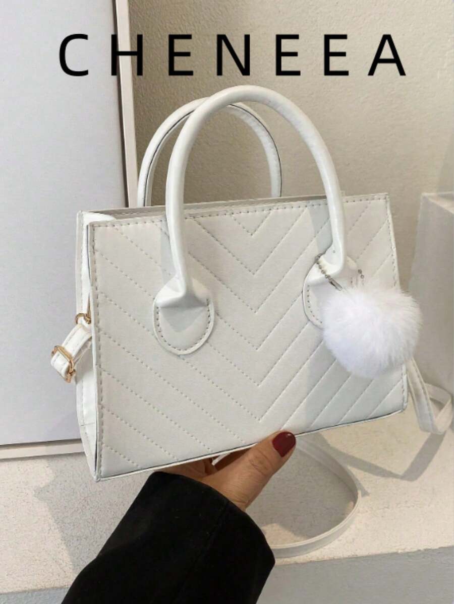 Bolso cuadrado de chevrónes con doble asa de PU para el Día de San Valentín - Blanco - Ver 1
