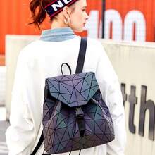 New Colorful Geometric Glow-In-The-Dark Backpack, Diamond Pattern Large Capacity Gradient Travel School Bag, Fashion Minimalist Backpack, Unisex Exquisite Small Backpack, Color-Changing Under Different Light Intensities - Dark Wash - View 3