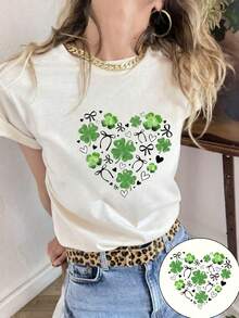 Camiseta Casual de Manga Corta con Cuello Redondo y Estampado de Trébol y Corazón para el Día de San Patricio para Mujer - Blanco - Ver 2