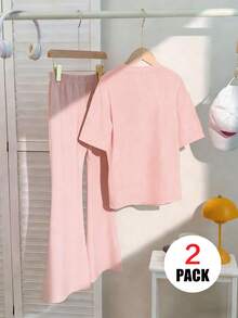 2pcs/Set Girls Casual Outfit, Bow & Slogan Graphic Loose T-Shirt + Flare Pants Set, Comfortable & Soft, Suitable For Summer Shopping - Pink - View 3