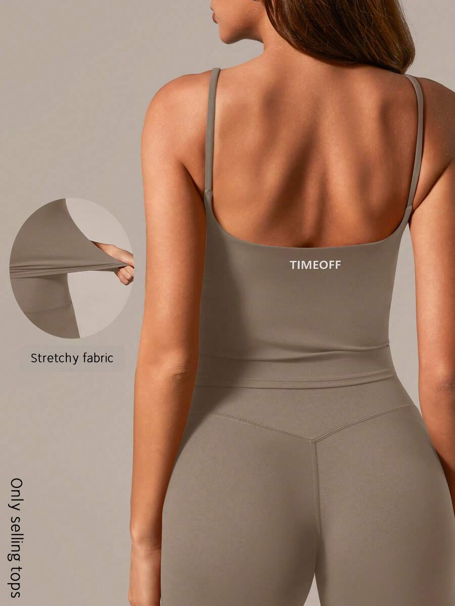 TimeOff 1pc Women Solid Color Spaghetti Strap Backless Camisole With Chest Pads Sports - Coffee Brown - View 1
