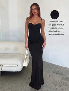 Women's Solid Color Knitted Ruched Vintage Elegant Vacation Dress Spring Black - Black - View 3