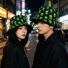 1件/3件萬聖節哥德式骷髏花卉可翻面漁夫帽，休閒旅行漁夫帽，綠色骷髏漁夫帽，中性戶外遮陽帽 - 彩色 - 查看 4