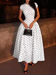 Elegantes langes Damenkleid aus Strickstoff mit Polka-Dot-Muster, A-Linie, Rundhalsausschnitt, Kurzarm, Plissee-Detail, Weiß, Sommer - Weiss - Übersicht 3