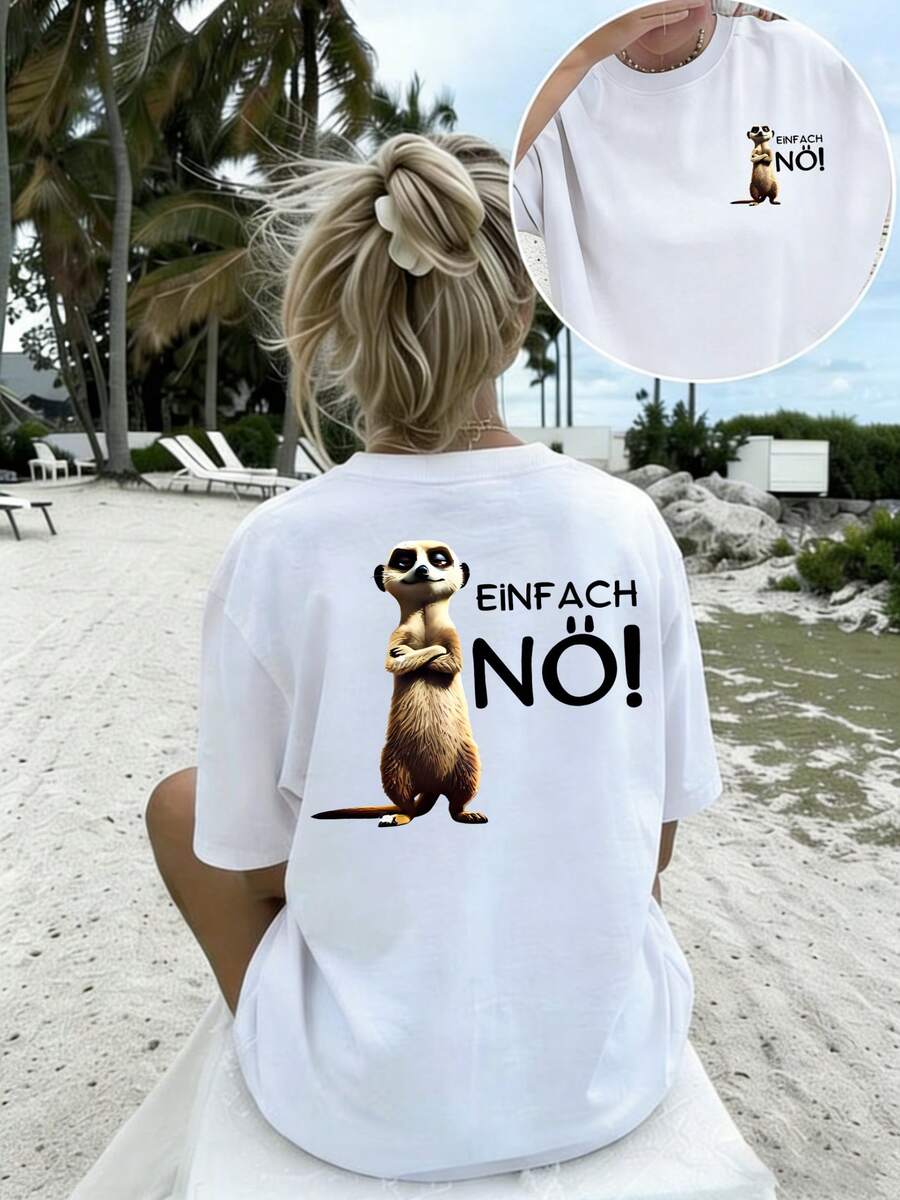 Women's Crew Neck T-Shirt - "Simply No!" Double-Sided Graphic Meerkat T-Shirt, Casual And Playful Top, Soft And Lightweight Shirt For Bold Personalities, Fun Gift For... - White - View 1