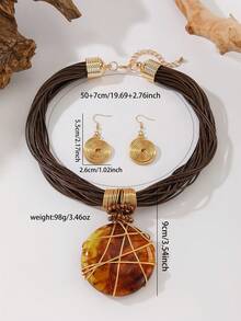 Bohemian Resin Pendant Multi-Strand Wax Rope Necklace And Earrings Set, Wedding And Daily Wear Jewelry - Brown - View 2