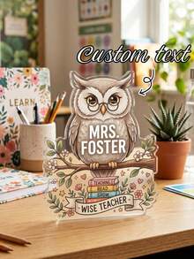 1pc Custom Wise Eyeglass Owl Shaped Teacher Acrylic Desk Plaque,Personalized Name Floral Branch Stack Book Print,Classroom Decor For Preschool Elementary Library Teachers,Teacher Appreciation Gift,Retirement Gift,Back To School,School Supplies - Multicolor - View 2