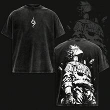 Camiseta unisex 100% algodón lavado vintage, estampado anime estilo Y2K, diseño moderno de moda, tacto suave y confortable, corte holgado, ideal para uso diario y excelente opción de regalo. - Negro - Ver 1