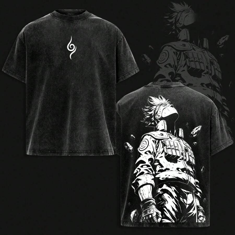 Camiseta unisex 100% algodón lavado vintage, estampado anime estilo Y2K, diseño moderno de moda, tacto suave y confortable, corte holgado, ideal para uso diario y excelente opción de regalo. - Negro - Ver 1
