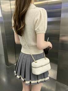Peter Pan Collar Puff Sleeve Knit Sweater, Sweet Versatile Tops For Women, Summer New Arrival - Apricot - View 10