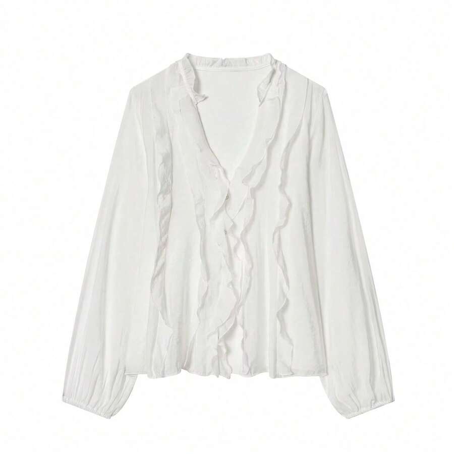 Camisa de lunares con capas versátil de moda europea y americana para mujer, nueva para primavera/verano, ideal para vacaciones - Blanco - Ver 1
