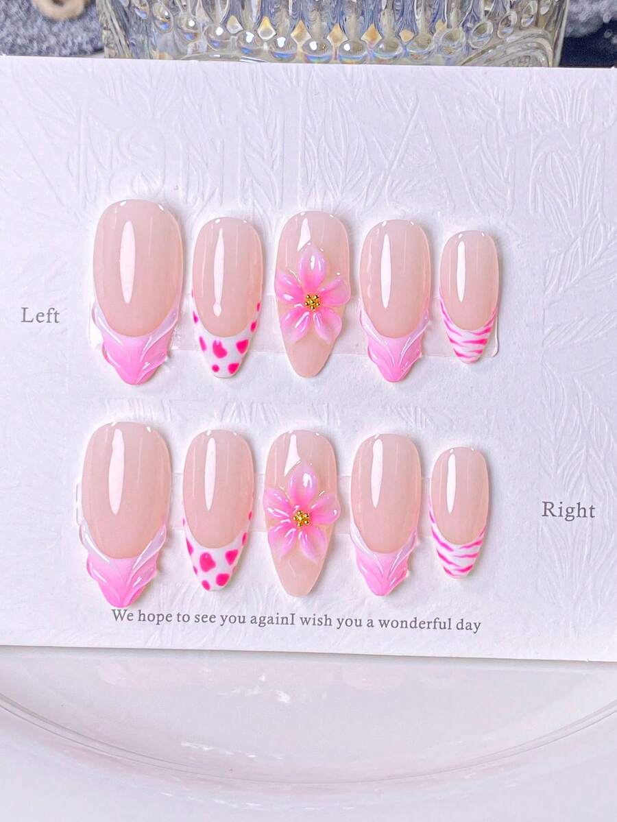 10pcs Summer Handmade Press-On Nails, Almond Shaped Fake Nails, Sweet Pink Girly Style Nail Art, Hand-Painted Nude Pink & Pink French Tips, 3D Pink Flowers, Heart Polka Dots, Zebra Print Design, Transparent Jelly Finish, Sweet Youthful & Versatile, Includes Nail Tools, Quick Application & Removal, Suitable For Summer Dates, Outings, Etc., Exclusive Summer Almond Shaped Nail Stickers For Women And Girls - Baby Pink - View 1