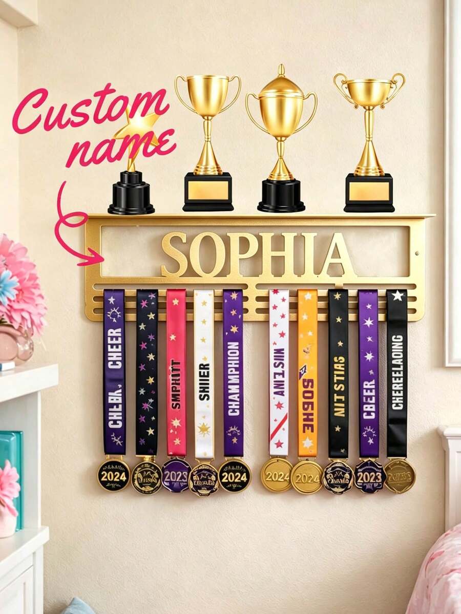 Custom Name Medal Hanger Trophy Shelf, Personalized Custom Text Medal Holder, Sports Medal & Award Display Stand, Wall Decor Organizer For Medals 1PC - Multicolor - View 1
