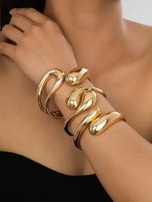 3 piezas de brazaletes de metal dorado con diseño geométrico hueco exagerado, brazaletes apilables de joyería adecuados para mujeres, uso diario, fiesta, vacaciones, regalo de joyería gruesa - Dorado - Ver 29