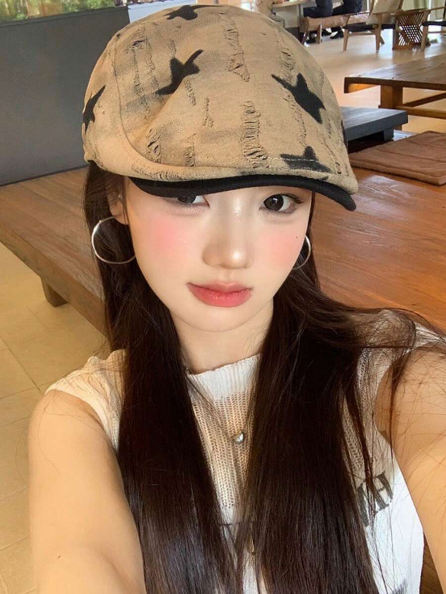 1件女款夏季貝雷帽,復古星星前設計,戶外防曬帽,度假必備 - 多色 - 查看 1