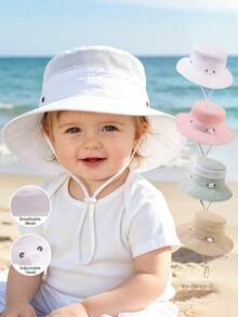 1Pc Toddler Wide Brim Sun Hat, Breathable Mesh Adjustable Chin Strap Toddler Bucket Hat, Outdoor Sun Protection Beach Cap For Summer - 1PC - View 1