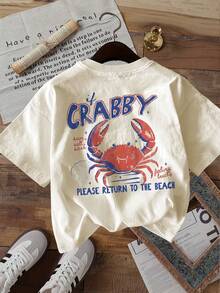 Unisex Plus Size T-Shirt With Anchor And Crab Wave Print On Both Sides, Round Neck, 180g Cotton, Beach Style, Summer Casual - 杏色 - 查看 3