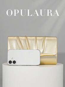 OpulAura 時尚女款 PU 百褶設計晚宴手拿包，派對/婚禮單肩/斜挎鏈條包 - 金色 - 查看 4