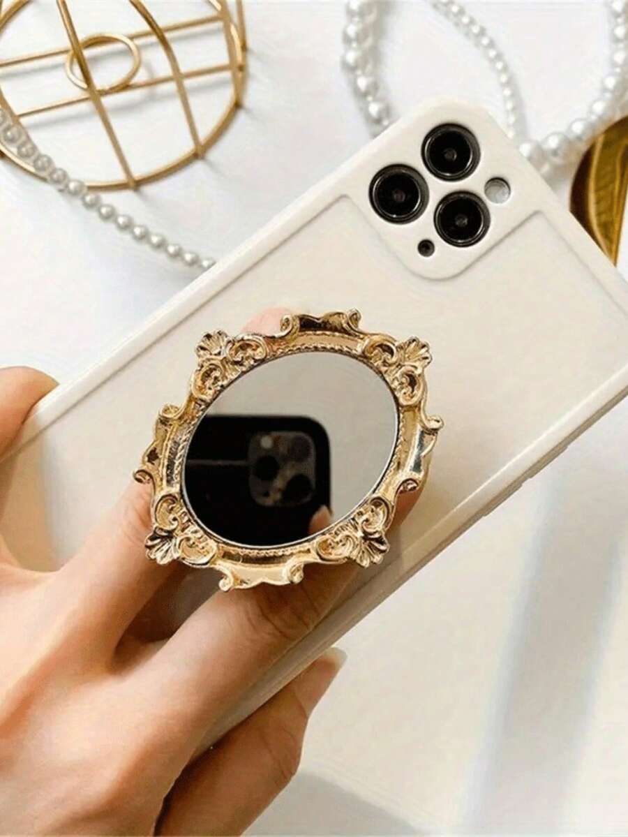 1pc/2pcs Elegant European Vintage Pattern ABS Mirror Phone Stand - Foldable, Portable Stand With Adhesive, Round Desktop Mirror, Suitable For Watching Shows And Live Streaming, Universal For All Phone Models, Ideal Gift, Phone Stand For Desktop