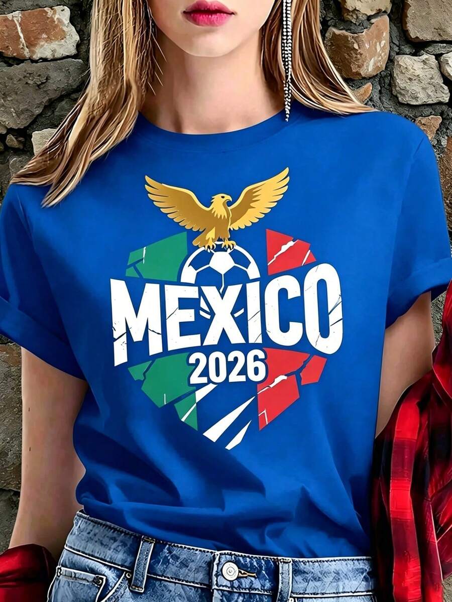 Women's White Mexico 2026 T-Shirt With Golden Eagle And Ball, Short Sleeve Aesthetic Soccer Fan Shirt, Retro Mexican Pride Modern Top, Fashionable Casual Blouse 2026 - 藍色 - 查看 1