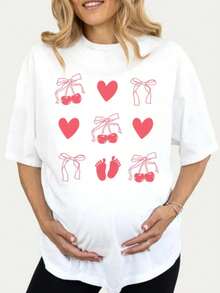 "Growing Something Sweet", Coquette Cherries, Pregnancy Reveal, "Growing A Little Human", Gift For Expectant Mother, Maternity T-Shirt, Comfortable Women's T-Shirts, 180g 100% Cotton - 白色 001 - 查看 1