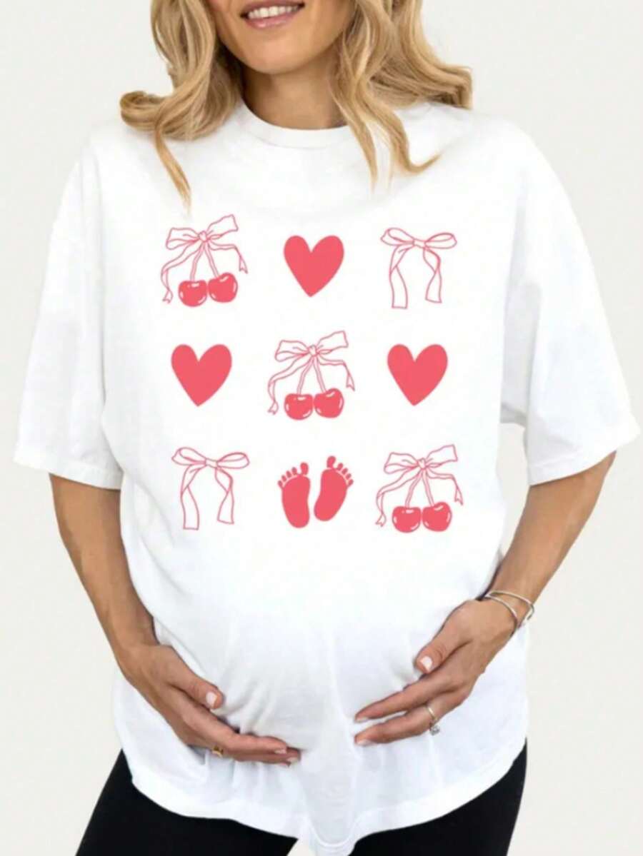 "Growing Something Sweet", Coquette Cherries, Pregnancy Reveal, "Growing A Little Human", Gift For Expectant Mother, Maternity T-Shirt, Comfortable Women's T-Shirts, 180g 100% Cotton - 白色 001 - 查看 1