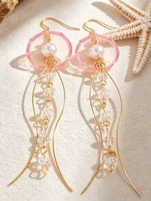 1 Paar elegante personalisierte Quallen-Ohrringe mit langen Quasten für Damen, kreatives Design mit transparenten Strass-Quallen, geeignet für Alltag, Party, Date, Urlaub, Musikfestival, Sommerstrandurlaub, Gedenkgeschenk für Freunde, Familie, Paare, Frauen, Schmuckaccessoires - Gold und Rosa - Übersicht 4