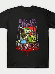 Happy Tree Friends Black Regular Fit T-Shirt, Cartoon Character Pattern Design, Pop Culture Horror Humorous Style, Summer Halloween Party Casual Wear, - Black - View 1