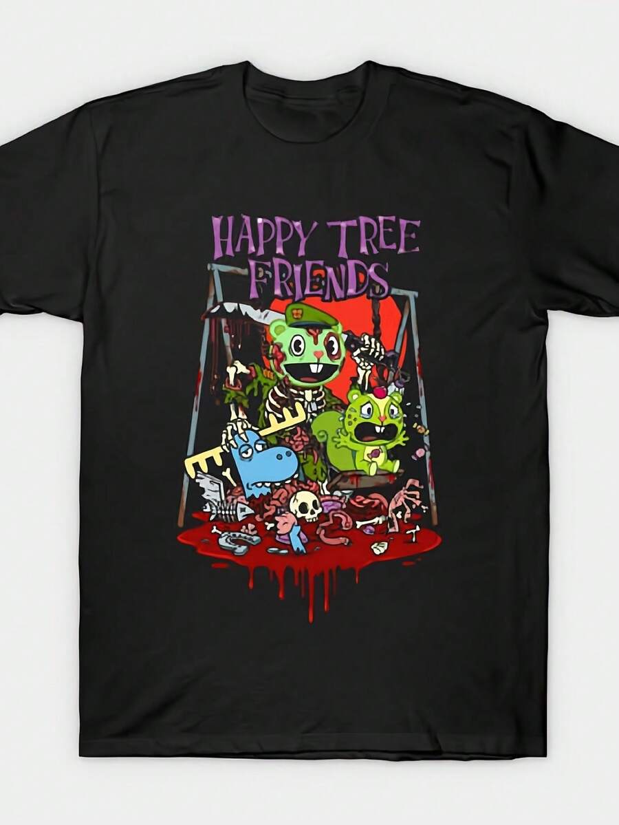 Happy Tree Friends Black Regular Fit T-Shirt, Cartoon Character Pattern Design, Pop Culture Horror Humorous Style, Summer Halloween Party Casual Wear, - Black - View 1