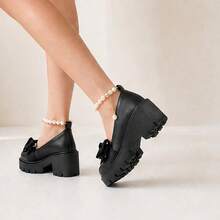 Geeyea Women's High-Heeled Flats, Thick Heel,Round Toe,With Pearl Ankle Strap And Bow Embellishment,Made Of PU Material,Suitable For Parties And EverydayWear - màu đen - Xem 3