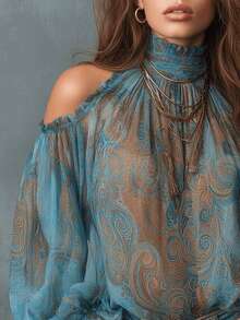 Women's Bohemian Paisley Print Cold Shoulder Blouse, Vintage Off-Shoulder Paisley Pattern Blouse, Long Ruffle Sleeve Stand Collar Asymmetric Blouse, Autumn - Dusty Blue - View 4
