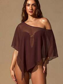 Women's Off Shoulder Sheer Cover Up Set Ornament Irregular Hem Mesh Outfit, Lightweight Fabric, Resort Beach Night Out Swim Matching Set - Brown - View 4