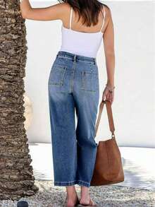 Women's Casual Straight Leg Cropped Length Washed Denim Jeans, Medium Stretch Fabric Fall - Navy Blue - View 3