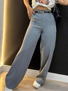 Women's Tailored Dress Pants With Belt, Luxury Wide-Leg Pants - Gray - View 7