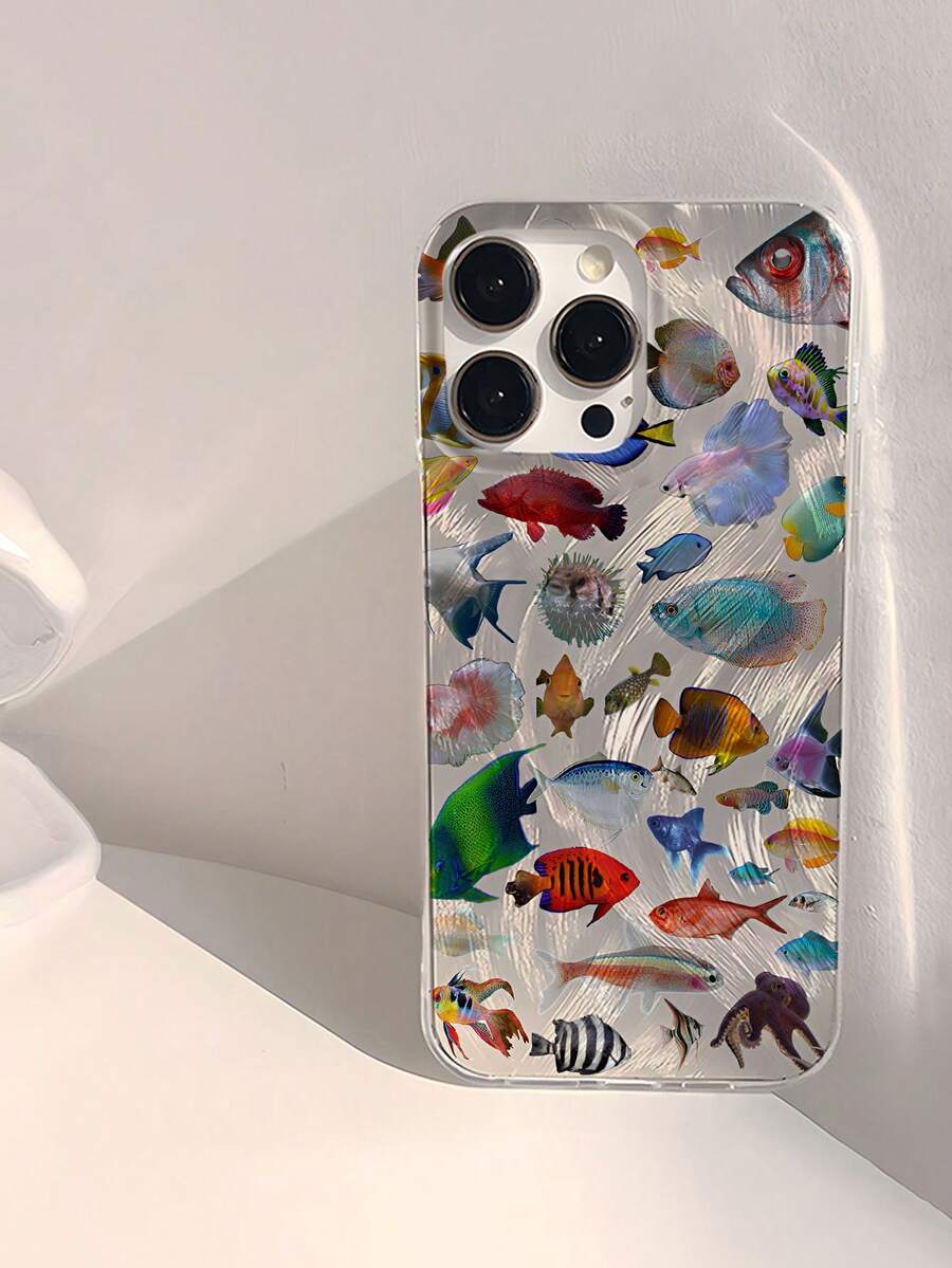1 pieza Funda de teléfono minimalista con patrón de pez, impermeable, anti-huellas, anti-arañazos, transparente, IMD, suave, brillante y lisa, compatible con Apple 16/16 PLUS/16 PRO/16 PRO MAX - Multicolor - Ver 1