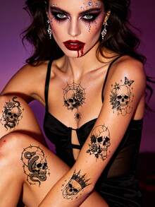 30pcs Black Skull Tattoo Stickers, Including Snake, Skull, Butterfly And Other Pattern Stickers, Temporary Realistic Tattoo Stickers, Waterproof And Long-Lasting Pattern Tattoo Stickers Suitable For Arms, Collarbones, Wrists And Other Body Parts - Black - View 5