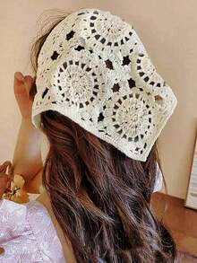 1PC Hollow Flower Headscarf Triangle Scarf Women's Beach Accessory Country Style Headpiece Beach French Hairband 2026 New Vintage Hairband Vacay Bandanas - Beige - View 2